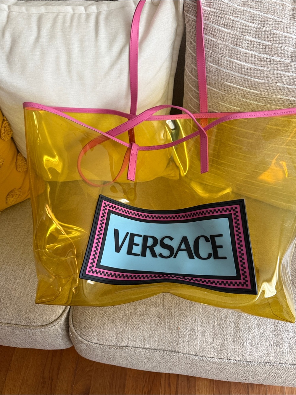 Versace Yellow Transparent Tote with Pink Trim and Logo Panel beach bag